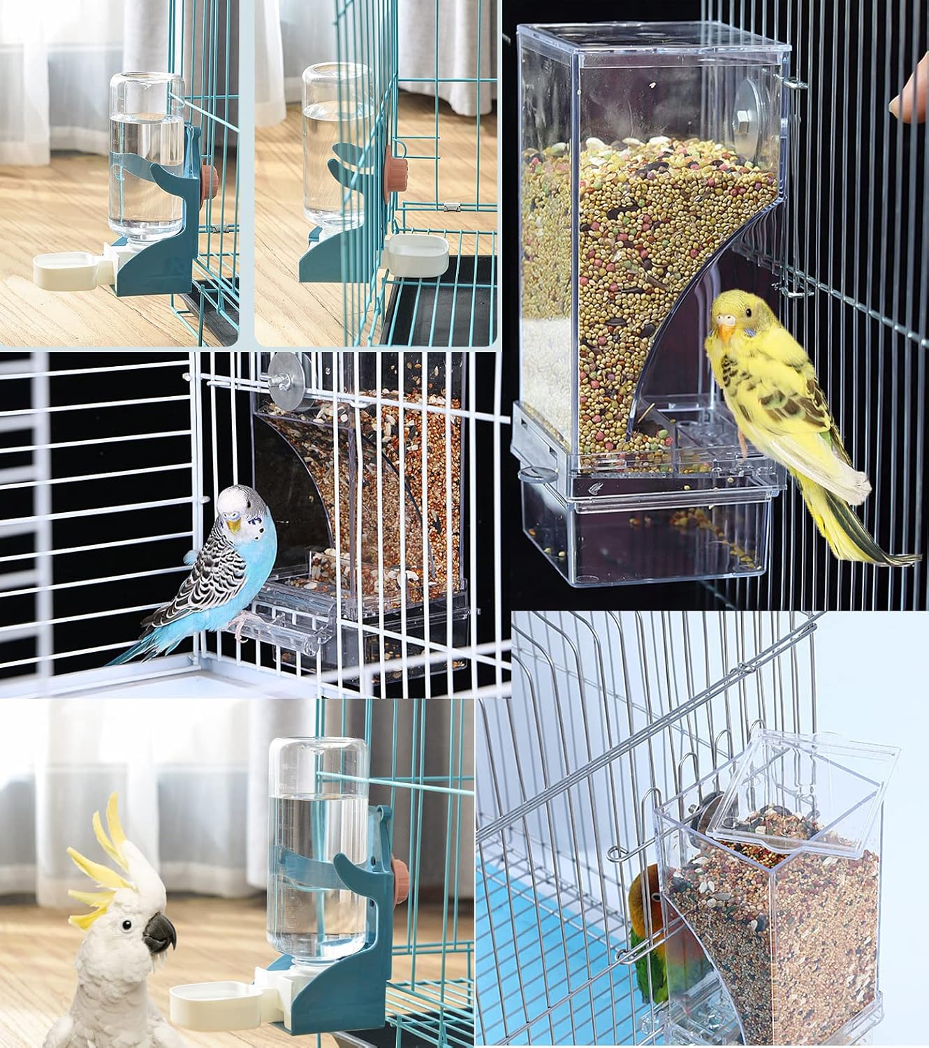 Color Blue Kenond No Mess Bird Feeder Water Dispenser Set, Automatic Parrot Feeder Cage Accessories, Clear Parakeet Seed Container Food Drinker for Cage, Cockatiel Finch Lovebirds Budgies Canary (Blue)